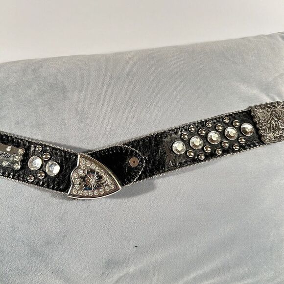 BHW Barrel Racer Belt Leather Western Bling Rhinestones Studs Black Size 38.5 - Picture 3 of 16